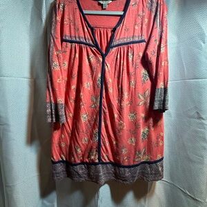 Lucky Brand Coral Floral Boho Blouse | Peasant Style Tunic